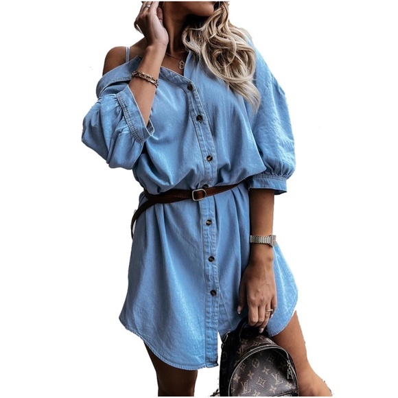 Denim Button Down Puff Sleeve One Shoulder Shirt Dress - Picture 4 of 10